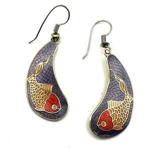 Vintage Roman Enamel Earrings Fish Pisces Purple Gold tone Dangle Casual